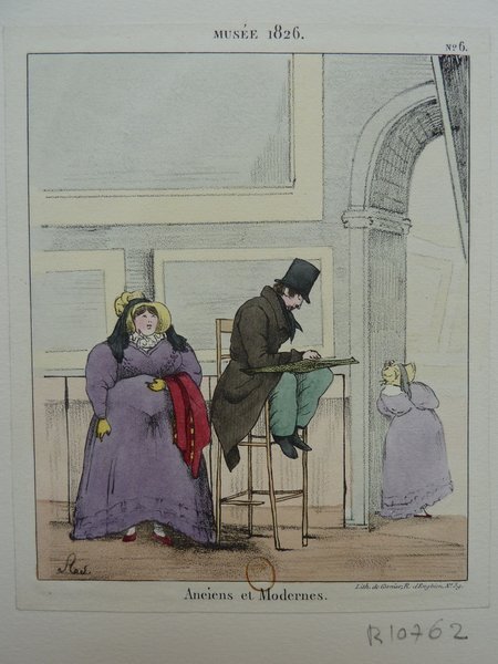 Drawing from 1826 featuring a museum setting with audience members, including women and a painter wearing a top hat, involved in artwork restoration. The artwork includes architectural elements and is labeled "Musée 1826".