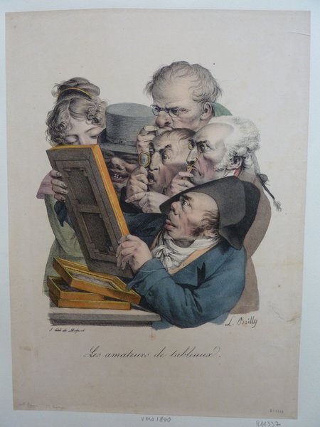 An artwork depicting a group of people closely examining a painting. They wear various headgear including bicornes, top hats, and wigs. One individual uses a loupe. A woman, also wearing a hat and hair styled in curls, peers over their shoulders. The image has an antique feel, highlighted by the classical clothing and accessories like the pince-nez glasses.