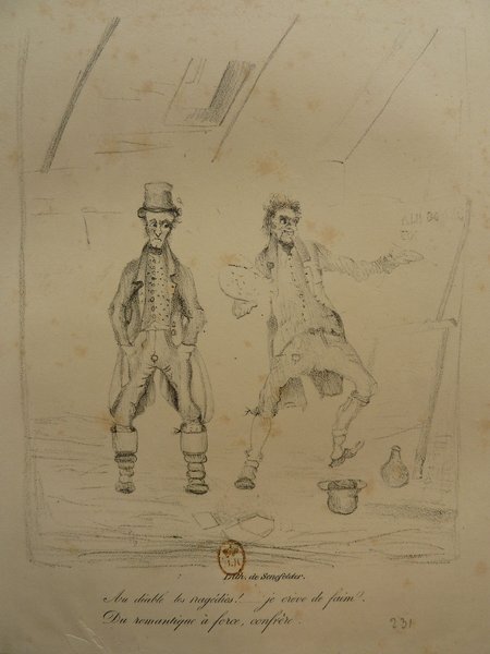 A pencil sketch depicting two figures, possibly painters, in a studio setting. One wears a top hat and holds a palette, standing near an easel with a partially visible painting and a sign. The studio has various items like artists' brushes, another palette on the floor, and appears to be part of a store or shop dedicated to art or restoration.