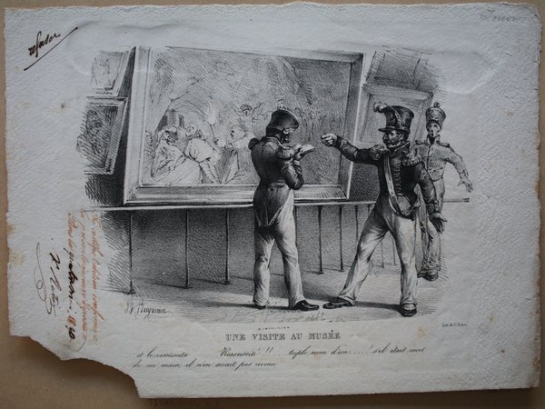 Black and white illustration showing a group of individuals in military uniforms and facial hair observing and discussing paintings in a museum setting. The scene captures a moment during the July Monarchy period, reflecting a salon or public viewing environment. Notable damage and wear are visible on the paper edges.