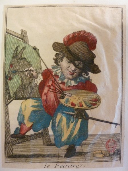 A colorful allegorical artwork depicting a painter in a jester’s outfit, holding a palette and a brush, in a studio with an easel and a painting. The scene includes a donkey on the canvas, as well as artists' brushes, a mahlstick, and a sword lying on the ground, suggesting a mix of themes from the Ancien Régime.