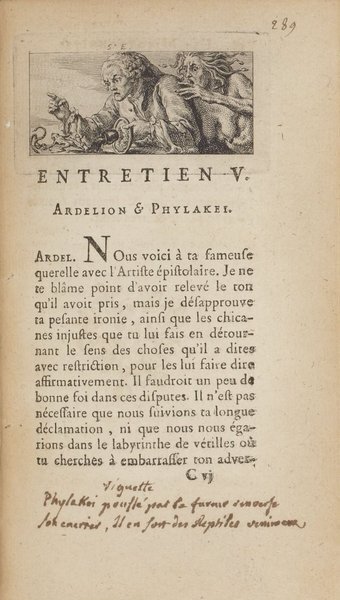 Historical illustration featuring two figures from the Ancien Régime, one pointing and displaying an expression of fury, both wearing elaborate wigs. The images are positioned above a block of text in French, indicating a dialogue or literary content related to the characters depicted. The style is indicative of 18th-century printmaking.