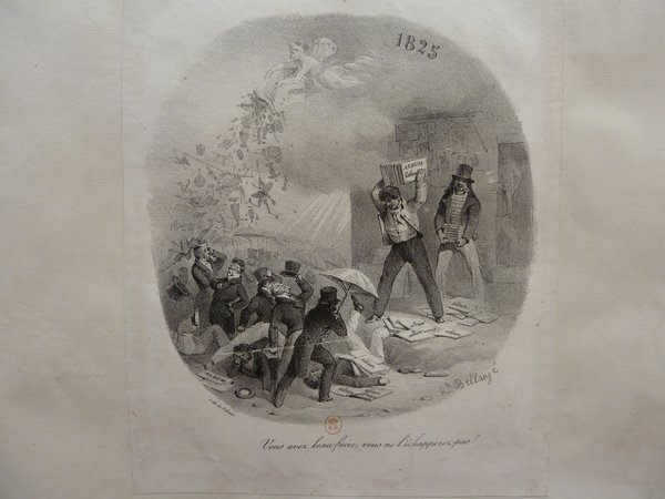 Historical print depicting a year "1823" at the top, featuring a group of figures in bourgeois outfits, interacting with albums and surrounded by artisan tools, umbrellas, and scattered papers. Notable inclusion of insects and iconography related to fortune in the artwork.