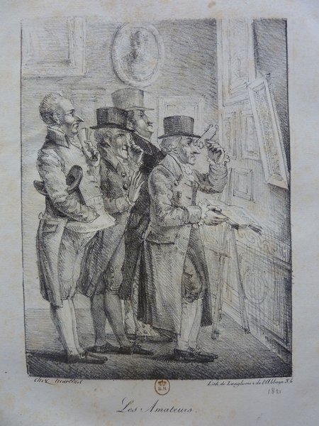 Historical artwork depicting several art critics and audience members at a salon exhibition. Some are wearing top hats and using monocles or pince-nez. They are observing paintings, and one figure holds a salon livret. The setting includes detailed depiction of salon interiors with emphasis on period attire and accessories.