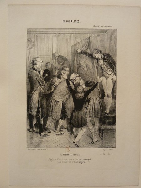 A black and white print depicting a group of bourgeois men with long hair and facial hair. Some hold canes and are dressed in July Monarchy era outfits. They are indoors, viewing a painting held by a man with a palette. The atmosphere reflects curiosity and engagement with the artwork.
