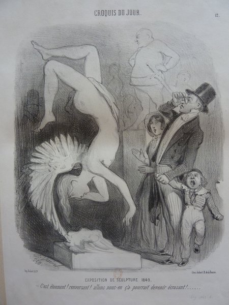An illustration of a 1849 sculpture exhibition featuring statues, a bourgeois family with a man wearing a top hat and using a pince-nez, a woman in a long dress, and a child, all viewing a sculptor of a figure with wings upside down.