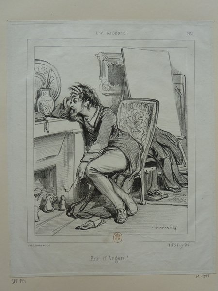 Black and white illustration depicting a Bohemian painter in a studio surrounded by easels and paintings. The man, exhibiting long hair and facial hair, is seated near a desk, intensely examining a pipe in his hand. A dog is present in the foreground, close to a small pot on the floor.