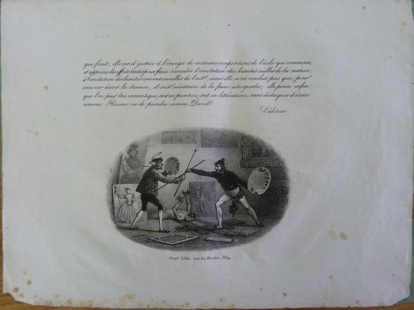 An illustrated scene depicting two individuals engaged in a fencing match in an artist's studio, surrounded by classical elements such as mannequins wearing armor, paintings, a palette, and a mahlstick.