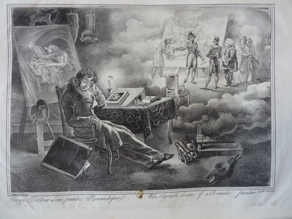 An engraving depicting a Romantic painter in a studio, surrounded by allegorical figures and elements. The image includes easels, a palette, lithographic stones, and statues. Notable are several characters dressed in military uniforms and wigs, with a scene involving the devil and other mystical figures in a clouded backdrop.