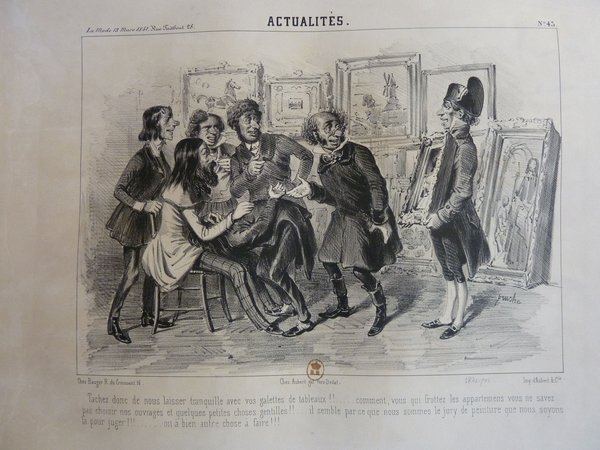 Black and white illustration depicting several men wearing bicornes and long coats, and a woman with long hair, gathered indoors near various paintings leaning against a wall. Some men exhibit facial hair and one wears pince-nez. The setting suggests a scene related to judging a Salon during the July Monarchy era.