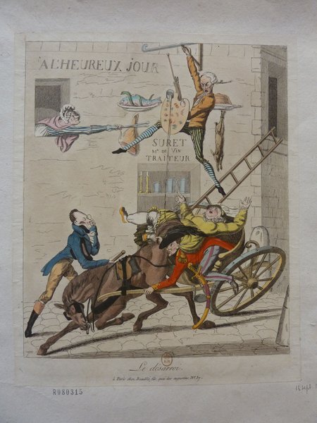 An intricate illustration featuring various people engaged in dynamic activities on a street in front of stores and storefront signs. Elements include art critics, artists with palettes and brushes, a woman wearing a wig, and a ladder by a painting, highlighting themes of restoration and paintings. Signs and a streetscape are also visible.