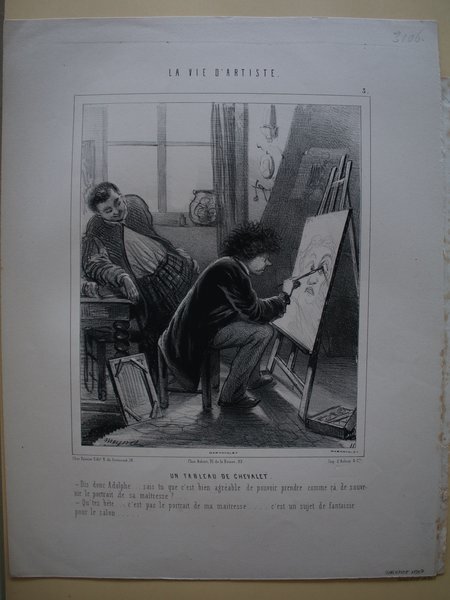 Black-and-white illustration depicting two artists in a studio, one seated at an easel painting while the other observes. Items like artists' brushes, an easel, and paintings are visible, set in a scene suggestive of the July Monarchy era.