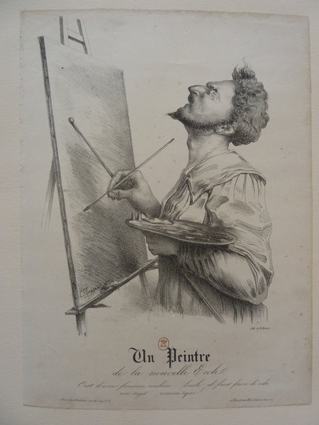 A male painter with facial hair in a smock, using a mahlstick and palette while working on a canvas secured on an easel in a studio setting. The painting process or restoration work is being depicted.