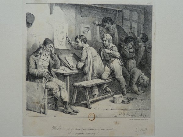 A black and white etching depicting an indoor classroom scene with a group of children and a teacher. Some students are engaged with drawing tools, while the teacher sits aloofly, observing a student who gestures towards a sketch. The environment features basic wooden furniture and windows, suggesting a rustic setting. The scene is part of a folio related to education or pedagogy.