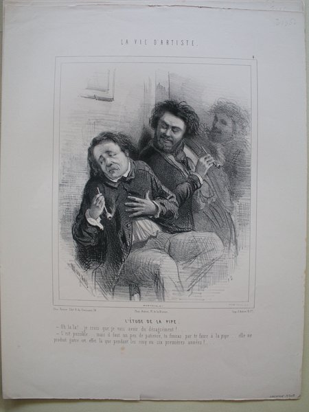 Black and white illustration depicting three male models in a studio setting during the July Monarchy. Two prominent figures are engaged in a dramatic pose, one holding a pipe. Artistic elements suggest they could be students or artists. Text and artistic style contribute to a theme consistent with paintings or art studies of that era.