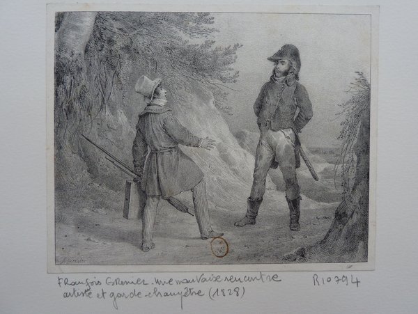Historical artwork depicting two individuals in military uniforms and hats, one wearing a bicorne and the other a top hat, set within a rural landscape scene. The characters appear engaged in conversation, surrounded by trees and a rocky terrain suggestive of a Restoration-era setting.