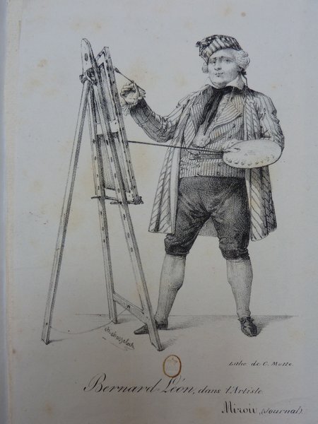 A vintage illustration showing an artist, Bernard-Léon, restoring a painting. He holds mahlsticks and an artist's palette, and works on a canvas set on an easel. He wears a wig, smock, and striped hat, suggesting an artistic or theatrical context. The artist is surrounded by various tools such as brushes, which are essential for his artwork.