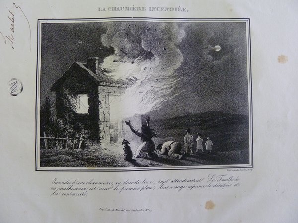 Black and white illustration of a building on fire at night, with smoke rising into the sky where a moon is visible. In the foreground, there are women and a dog observing the scene. 