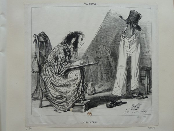 A drawing depicting a bohemian woman painting in a studio during the July Monarchy era. The scene includes mannequins dressed in clothing, one wearing a top hat. Various artist's tools and a pair of shoes are also visible around the studio.