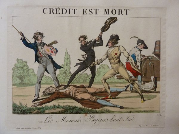 An illustration featuring an artist holding a palette and brushes, a figure in a military uniform, and a musician in a rural setting. The characters appear to be in dynamic poses, with an additional figure lying on the ground. Elements like birds and quarreling are hinted. The image is titled "CREDIT EST MORT".