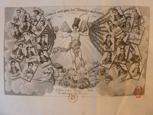 A historical print featuring multiple vignettes of artists surrounded by symbols like Mercury, trumpets, a donkey, and various insects, set against a cloud-like background indicative of an allegorical or emblematic scene from the July Monarchy period.