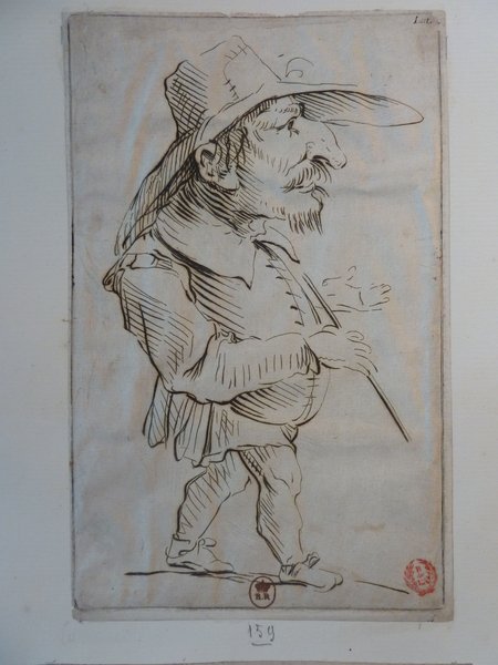 A sketch of a figure with a prominent, detailed facial hair and a Bohemian outfit, including a hat. The character is portrayed in a dynamic walking pose, emphasizing features like textured hair and fabric folds typical of the Ancien Régime style.
