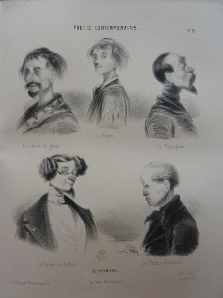 Alt text: Black and white illustration featuring six male portraits, each showcasing different styles of outfits and hair. The figures exhibit features such as long hair, facial hair, and are seen wearing outfits and accessories like pince-nez, typical of the Bohemian and Bourgeois styles from the July Monarchy era. The professions labeled under each portrait include genre painter, student, landscape painter, portrait painter, and history painter.