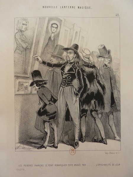 An illustrated print depicting a group of men in bourgeois outfits from the July Monarchy era viewing paintings at a salon exhibition. Several men sporting long hair and facial hair examine the artworks intently.
