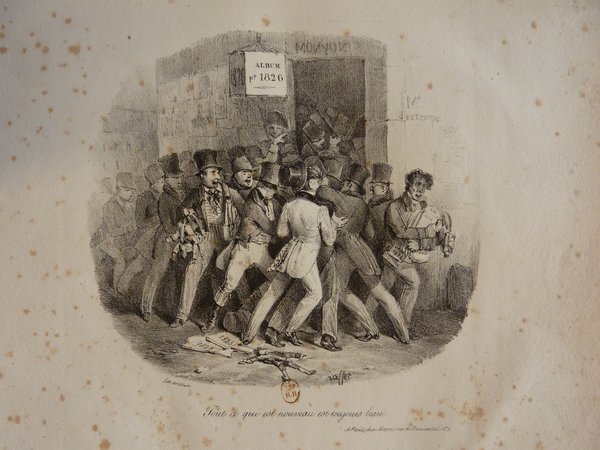 An old print depicting several people, mostly men, wearing top hats typical of bourgeois fashion. They gather attentively outside a storefront, with some clutching albums or prints. The image features noticeable aging spots and some architectural elements.