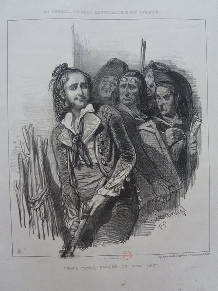Historical black and white illustration from "Le Figaro" newspaper, depicting a group of men representing writers, musicians, painters, and other allegorical figures from the July Monarchy period. They are shown with distinctive attributes such as long hair, pince-nez, and carrying newspapers.