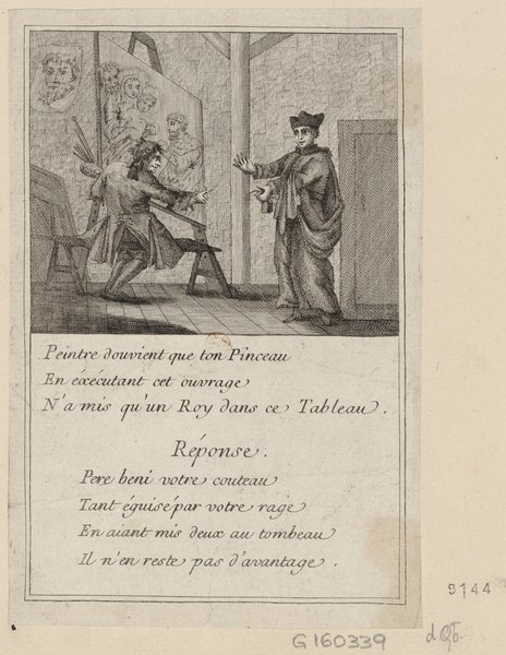 An etching showing an artist using a mahlstick and palette, painting on an easel in a studio. A figure resembling a politician, dressed in robes and a cap, gestures towards the painting. There are additional artworks and an artist's brush visible in the scene.