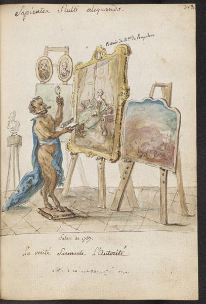 An illustration depicting an anthropomorphic figure with devil-like features using a loupe to examine a painting on an easel. There are multiple easels displaying paintings, a statue, books, and other art-related items depicted in an indoor setting suggestive of an exhibition or salon. The scene is detailed and includes writing and elements typical of the Ancien Régime period.