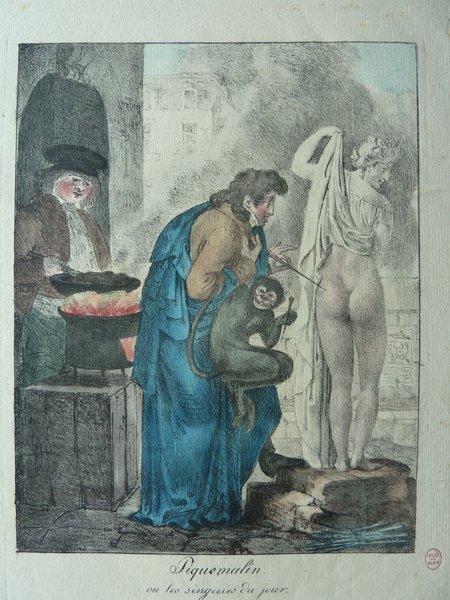 An artwork depicting two artists in an outdoor setting. On the left, a person handles materials over a furnace, wearing a smock and hat. On the right, a sculptor in a blue smock works on a statue of a nude woman while a monkey hangs on his arm. The scene includes elements of restoration and obscurity related to statutes. Background buildings and fire from the furnace are also visible.