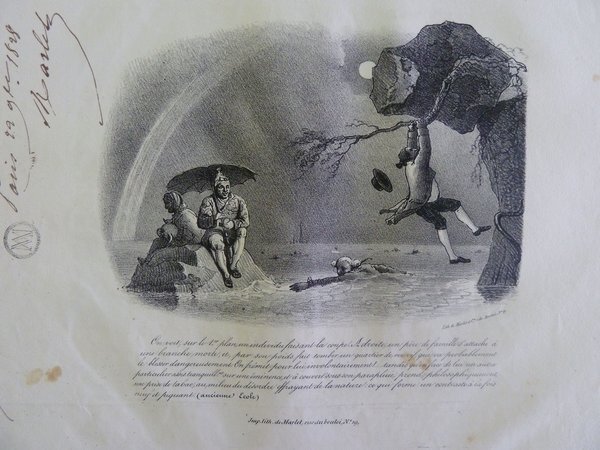 A engraving depicting two men sitting in a rock jetting out of the ocean, with one man holding an umbrella. To their immediate right, there is a man staying afloat using a log. Further to the right there is a man holding on to a tree limb that is jetting out of a cliffside. 