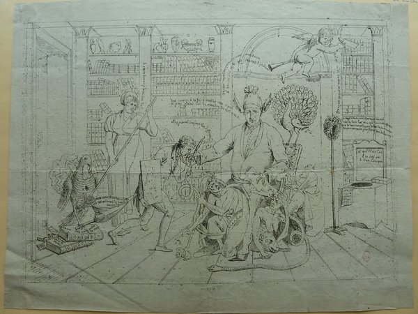 An intricate etching depicting a library scene filled with allegorical elements and various characters including painters, art critics, and women in bourgeois outfits. A mannequin, peacock, turkeys, donkey, and other symbolic items like trumpets and books also populate the scene, each contributing to the Greco-Roman and empire-inspired setting.