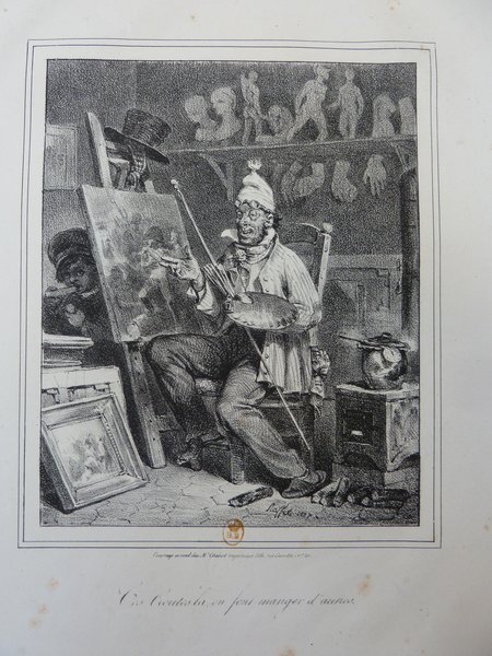 This image depicts an artist in a Bohemian outfit painting in a studio. The studio is filled with multiple artistic elements including statues, paintings, a palette, painters' brushes, and easels. The artist is using a mahlstick while working on a canvas, with a furnace visible near his workspace.