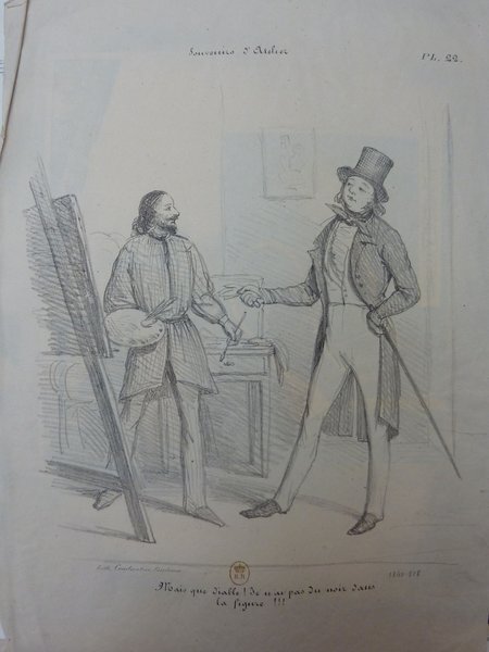 Two men in a 19th-century artist's studio, one seated wearing a smock, long hair, and holding a palette and brushes near an easel, the other standing in bourgeois attire with a top hat and cane. A painting and portrait sitter are visible in the background.