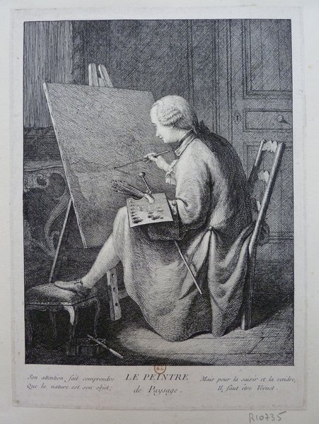 Black and white image depicting an artist from the Ancien Régime era, wearing a wig and smock, painting a landscape on a canvas supported by an easel. The artist uses a palette and brushes, holding a mahlstick. The scene is set within an art studio.