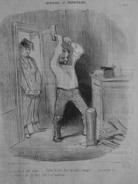 Black and white illustration depicting two men in a room during the July Monarchy era. One man, wearing a top hat and coat, holds an axe, posing mid-action as if splitting wood inside near a furnace. Another man, also in a top hat, watches him attentively. Pieces of wood and a pot are visible on the floor. The scene is set in what appears to be a studio environment, detailed with shading and light brush strokes.