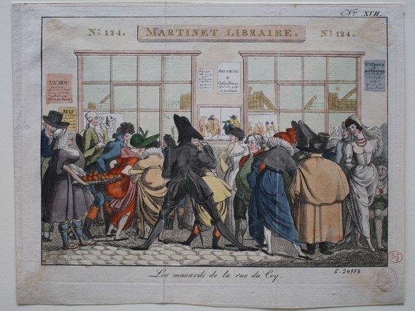 A colorful print depicting a diverse crowd of people in front of a window display labeled "Martinett Libraire." The scene includes individuals wearing bicornes, hats, and using canes; one figure wears a monocle. The artwork is a caricature and captures a moment in an empire setting.