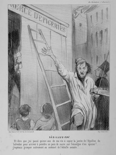 A black and white illustration depicting a scene on a street during the July Monarchy era. The image includes a painter with a smock and palette, standing on a ladder near a storefront sign titled "MERCE DEPICERIES." There are also children, a woman in bourgeois outfit, other bystanders, and additional ladders and mahlsticks visible in the scene.