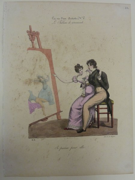 An artwork depicting a painter's studio scene, showing a male painter in bourgeois attire romantically engaged with a female model, who is also wearing an elaborate outfit, beside an easel that holds a painting in progress. The piece reflects themes of artists' models, restoration, and studio settings.