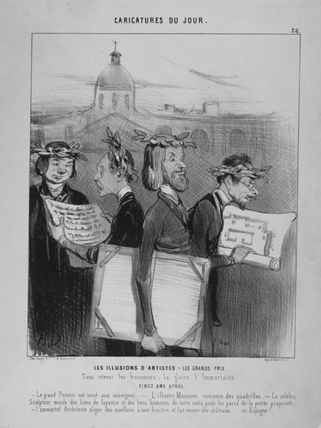 Black and white caricature depicting four figures with laurels on their heads, each holding different items representing their professions: paintings, musical scores, and architectural plans, with a faint cityscape background. The setting suggests a street during the July Monarchy. Tags include architects, artists, musicians, painters, and sculptors.