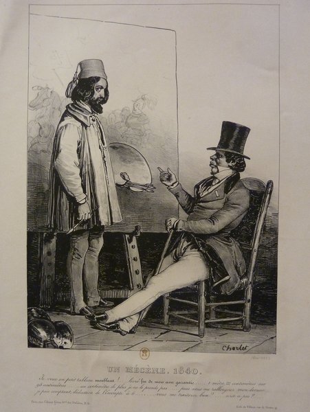 Black and white illustration depicting a man with long hair and facial hair, wearing a smock and holding a palette, standing in an artist's studio. Another man in a top hat and suit sits on a chair, holding a cane. Behind them, various items like easels and paintings are visible, suggesting an artistic setting.