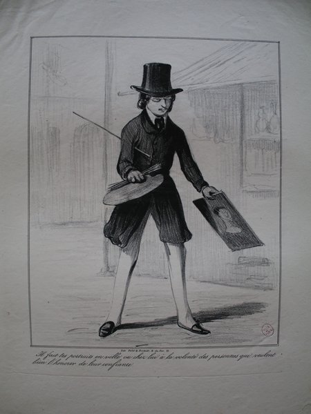 A black and white illustration from the July Monarchy era depicting a painter in a top hat and coat, holding a palette and a mahlstick as he walks along a street. The painter also wears pince-nez and carries artists' brushes and a painting. The background features a lightly detailed street scene.