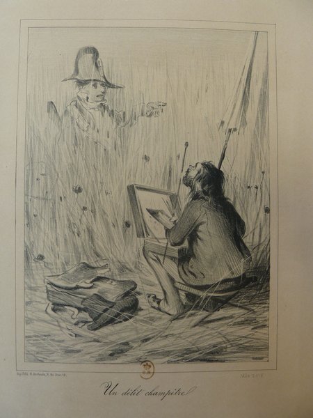 A man with long hair and a beard, dressed in Bohemian attire, sits outdoors using a palette and brush to paint on a canvas held by a mahlstick. A figure in a military uniform, featuring a large hat and holding an umbrella, stands nearby. Around are landscapes and scattered artists' brushes and outfits.
