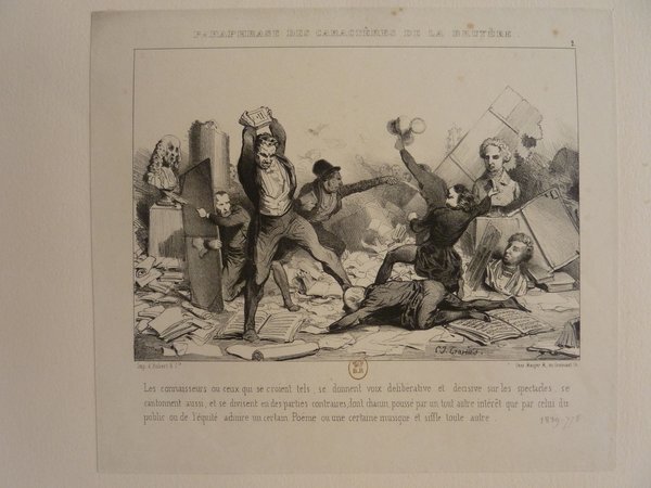 An etched artwork showing multiple figures in dramatic poses amid a chaotic scene of scattered books and papers. To the left, a statue appears among the disarray. This image represents themes associated with artists and quarreling during the July Monarchy period, as indicated by the mentioned books, paintings, and statues.