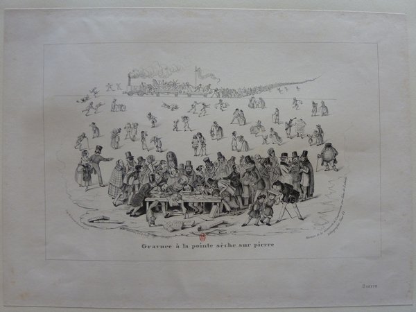 Lithographic print depicting a rural outdoor scene during the July Monarchy, featuring a diverse crowd of figures in various bourgeois outfits. Men wearing top hats and women are visible, alongside small representations of dogs. The foreground shows a group engaging in what appears to be a lively discussion or gathering.