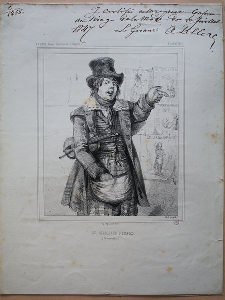 Illustration of a street vendor wearing a top hat and holding a violin. He is standing in front of a backdrop of caricatures and posters. Onlookers and various scenes are depicted on the posters. The setting suggests an urban street during the July Monarchy period.