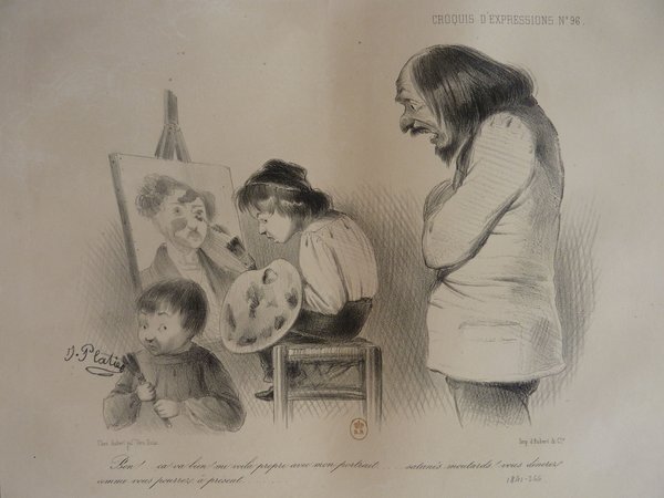 An illustration featuring a studio setting with individuals engaged in artistic activities. Visible are artists' brushes, easels, a palette, and a painting being worked on. The scene includes figures representing teachers and students, marked by one man with facial hair and another with long hair, observing or instructing. The setting suggests a pedagogical interaction focused on art during the July Monarchy era.